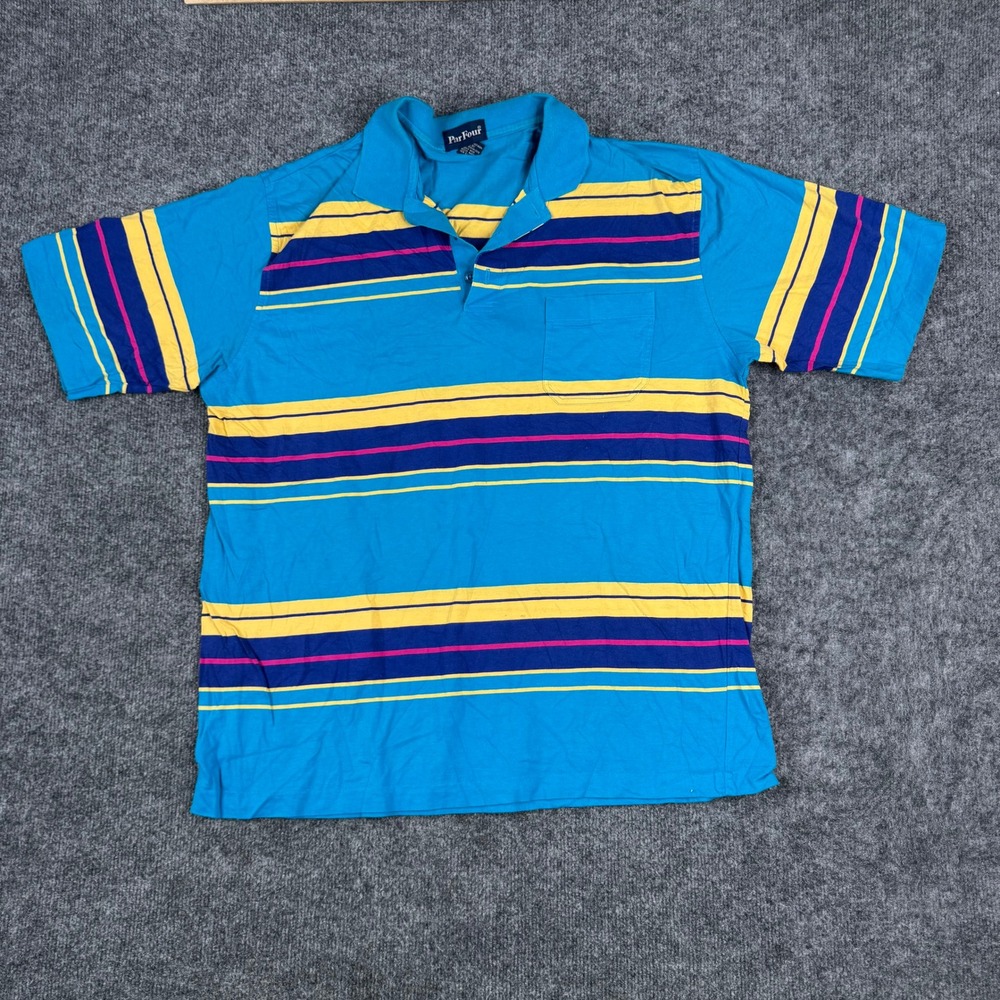 Par Four Polo Mens Size L Blue Striped Cotton Short Sleeve Chest Pocket Casual